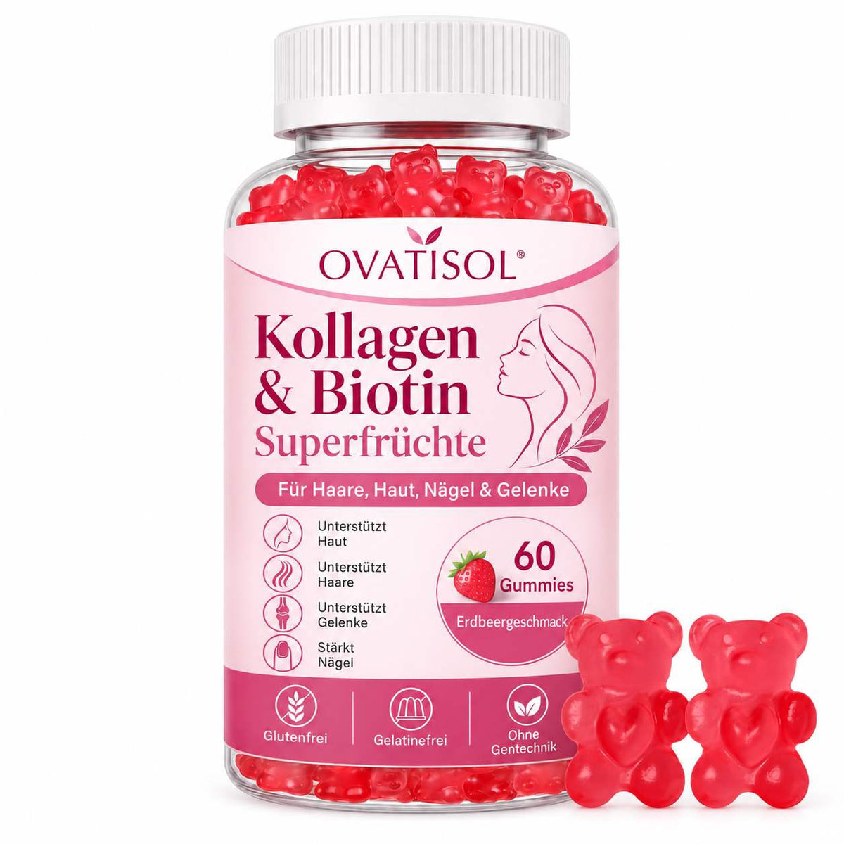 Ovatisol Kollagen & Biotin Superfrüchte Gummies, 60 Stück, Erdbeergeschmack
