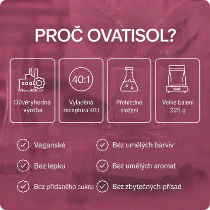 lang:cs|PROČ OVATISOL? Důvěryhodná výroba, Vyladěná receptura 40:1, Přehledné složení, Velké balení 225 g