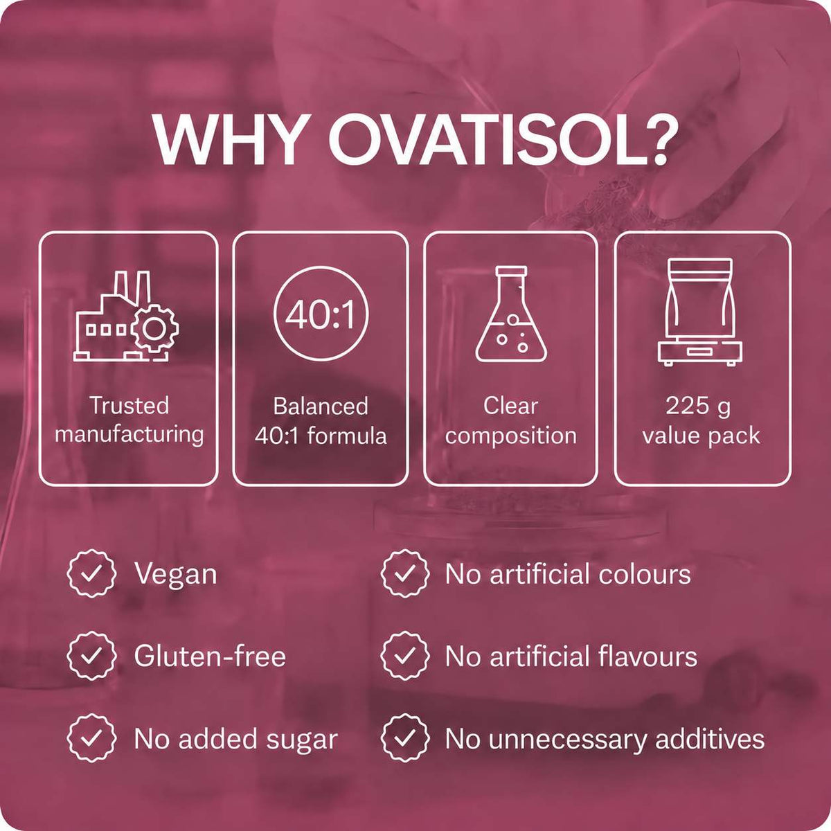 lang:en|WHY OVATISOL? Trusted manufacturing, Balanced 40:1 formula, Clear composition, 225 g value pack