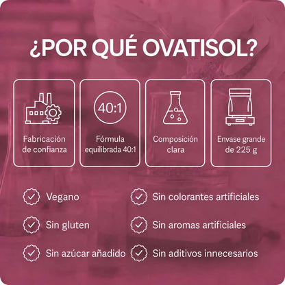 lang:es|¿POR QUÉ OVATISOL? Fabricación de confianza, Fórmula equilibrada 40:1, Composición clara, Envase grande de 225 g