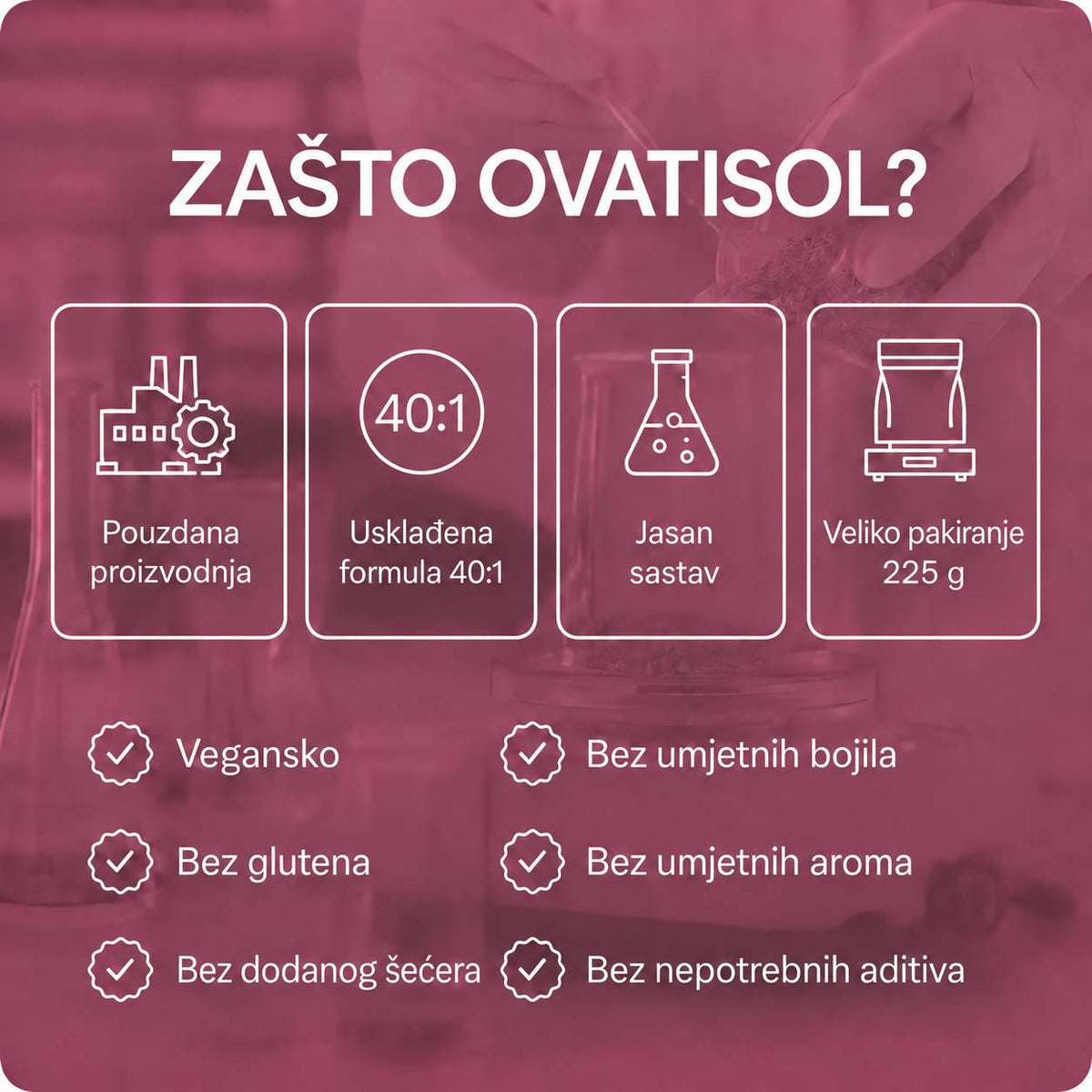 lang:hr|ZAŠTO OVATISOL? Pouzdana proizvodnja, Usklađena formula 40:1, Jasan sastav, Veliko pakiranje 225 g
