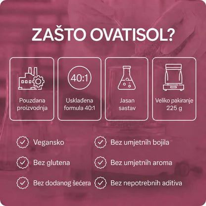 lang:hr|ZAŠTO OVATISOL? Pouzdana proizvodnja, Usklađena formula 40:1, Jasan sastav, Veliko pakiranje 225 g
